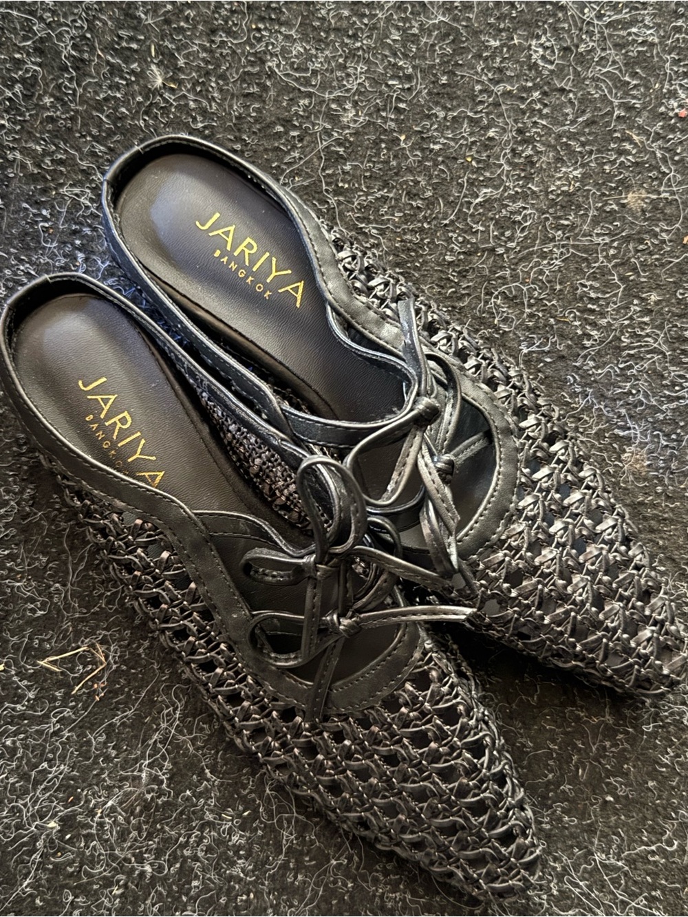 Jariya Black Woven Lace-Up Pointed-Toe Flats- made in Thailand